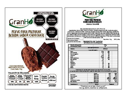 Etiqueta de producto GranHo con información de ingredientes y marca Chocolate-01
