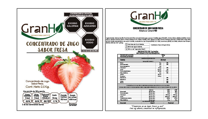 Etiqueta de producto GranHo con información de ingredientes y marca Concentrado_Fresa-01