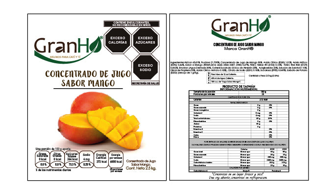 Etiqueta de producto GranHo con información de ingredientes y marca Concentrado_Mango-01