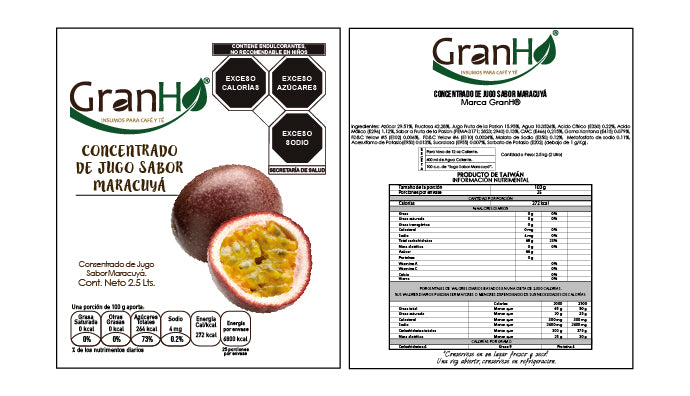Etiqueta de producto GranHo con información de ingredientes y marca Concentrado_Maracuyae-01 