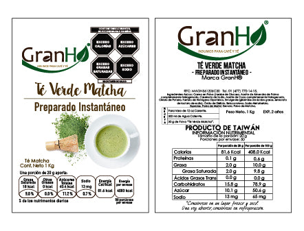 Etiqueta de producto GranHo con información de ingredientes y marca Matcha-01