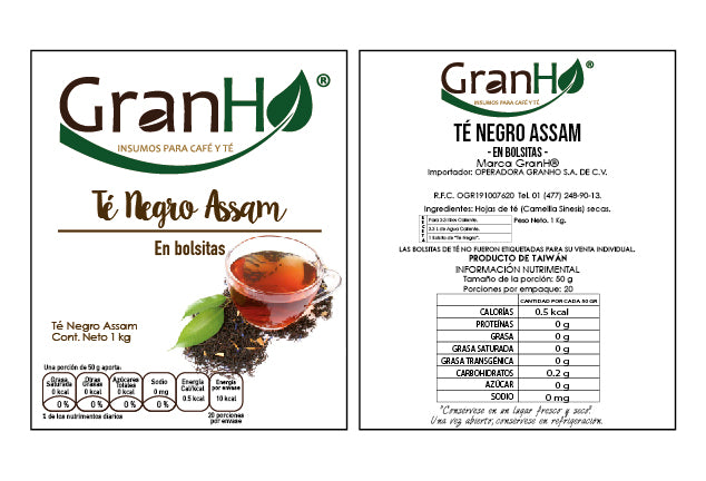 Etiqueta de producto GranHo con información de ingredientes y marca  Negro_Assam-01