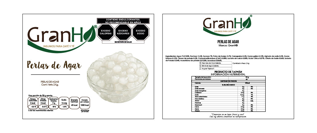 Etiqueta de producto GranHo con información de ingredientes y marca Perlas_de_Agar
