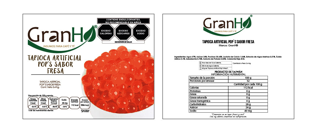 Etiqueta de producto GranHo con información de ingredientes y marca PopsFresa_Mesadetrabajo1
