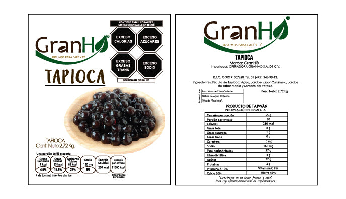 Etiqueta de producto GranHo con información de ingredientes y marca Tapioca-01