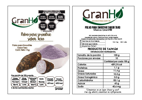 Etiqueta de producto GranHo con información de ingredientes y marca Taro-01 